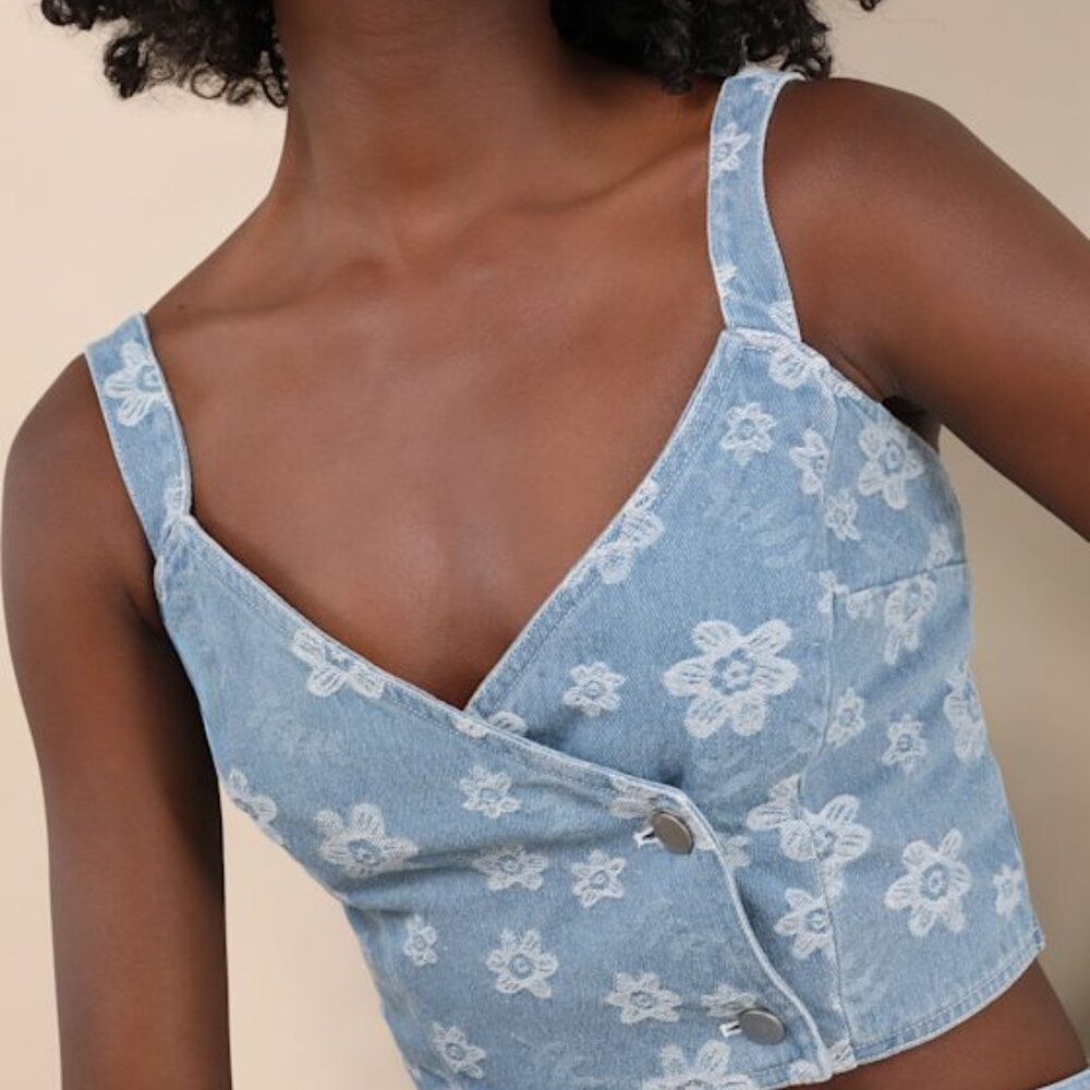 NEW!! Lulus Poised Premise Medium Wash Floral Jacquard Crop Top Blue - Size S